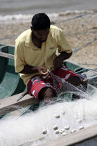 Brazilian fisherman repairing his fishing net. © Philip Plisson / Plisson La Trinité / AA10129 - Photo Galleries - Mender